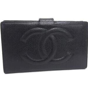 CHANEL Authentic Black Caviar Leather Logo Wallet